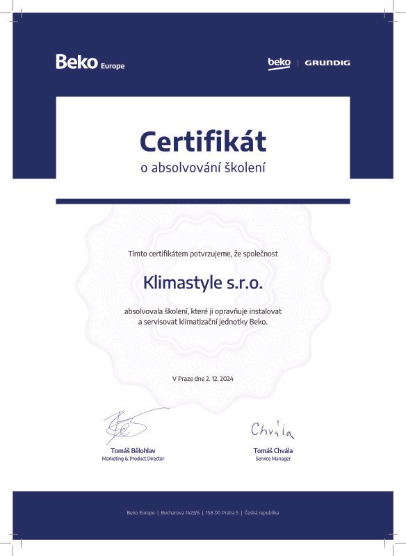 Certifikát HVAC Klimastyle